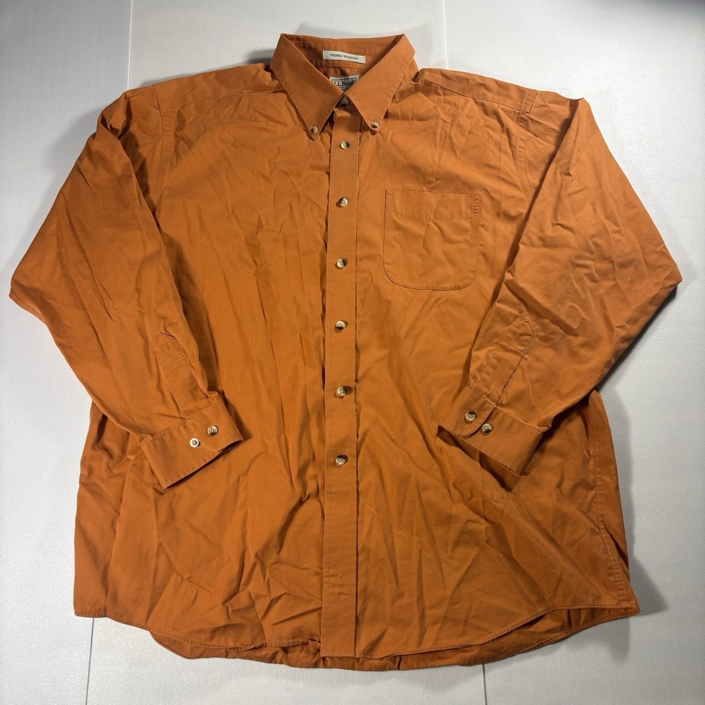 LL Bean Mens XL Orange Button Down Shirt Wrinkle Resistant Cotton Long Sleeve